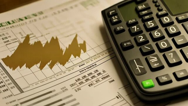 Financial analysis using a calculator on a workspace with graphs and data sheets for better investment decisions