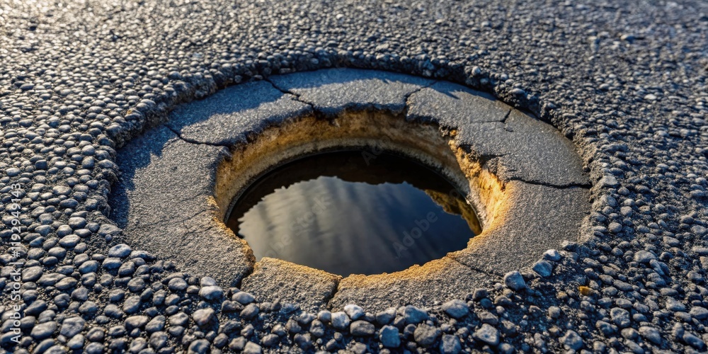 Poster a circular depression in a dark asphalt surface, filled with still water reflecting the sky, showing