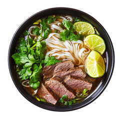 Savory Vietnamese Beef Pho in Broth with Fresh Cilantro and Lime Slices to Entice Your Taste Buds
