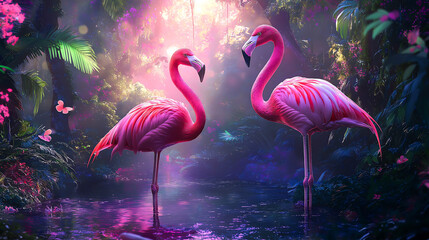 Two beautiful pink flamingos standing gracefully in an enchanting, imaginary forest