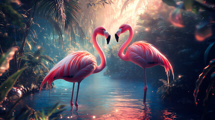 Two beautiful pink flamingos standing gracefully in an enchanting, imaginary forest