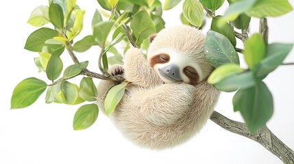 Fototapeta premium Adorable baby sloth sleeping peacefully on a tree branch amidst lush green leaves against a white background.