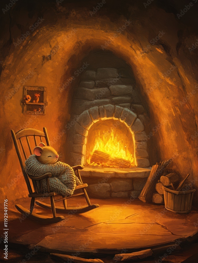 Leinwandbilder cozy mouse resting by a warm fireplace in a rustic setting during winter evening. generative ai