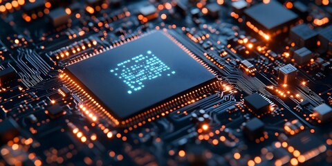 Close-up of a glowing circuit board with futuristic blue and green light effects.