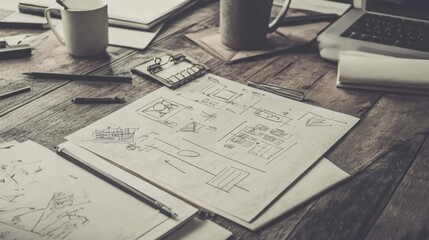 Website sketches and design mockups on wooden desk with coffee mugs, laptop, and office supplies.