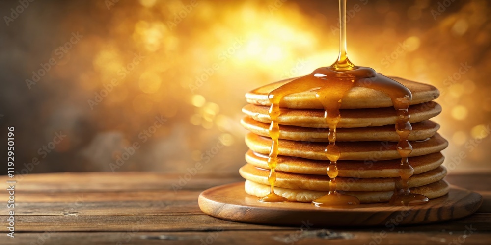 Poster a stack of golden pancakes drenched in sweet syrup sits on a rustic wooden surface against a warm, b