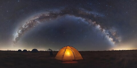 Obraz premium Camping tent glowing with warm light under a starlit sky and Milky Way galaxy.