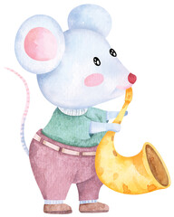 Cute rat or mouse playing saxophone.Cute animal characters playing music.Hand drawn with watercolor.
