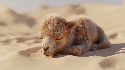 Fototapeta premium Adorable fluffy baby camel resting peacefully in the desert sand dunes under the warm sun.