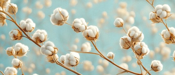 Cotton plants blooming, field, soft light, textile