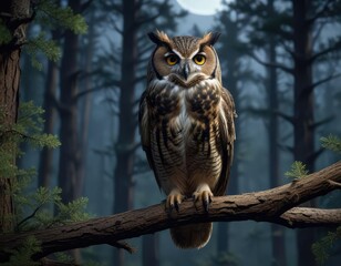 Fototapeta premium A regal owl sits on a branch high above the ground in a moonlit pine forest canopy , branch high, nocturnal owl, quiet repose