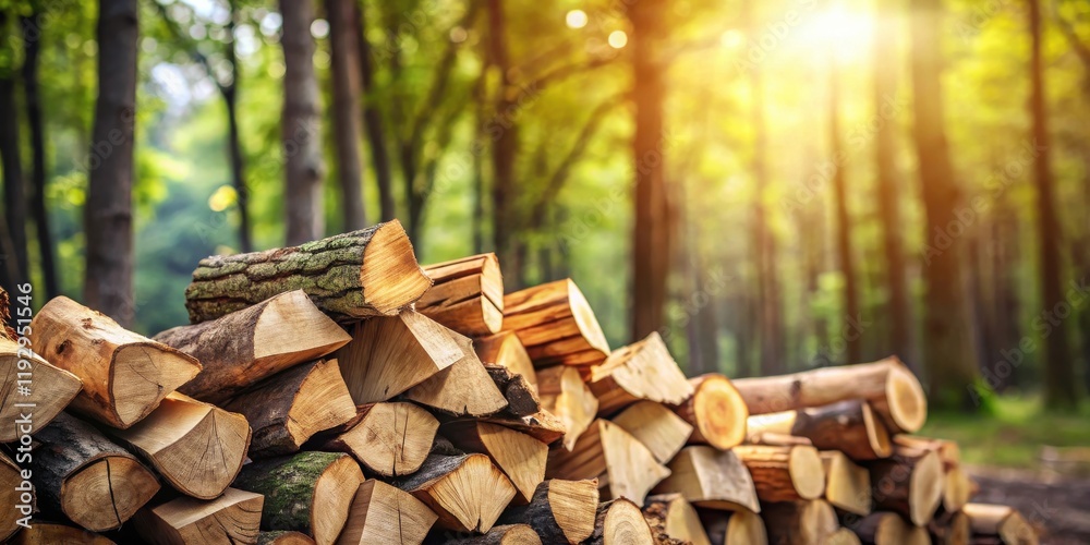 Poster a sunlit stack of neatly arranged firewood logs rests in a verdant forest