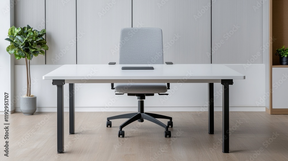 Poster modern office desk with ergonomic chair and wireless accessories creating a sleek setup for professi