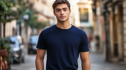 flat navy blue t-shirt mockup, front view of an attractive young man with a slim body