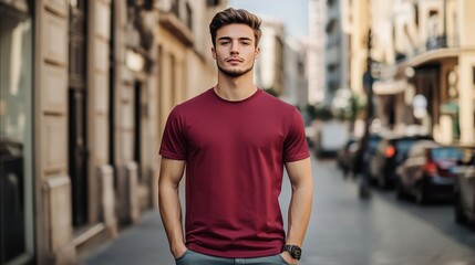 flat red maroon t-shirt mockup, front view of an attractive young man with a slim body