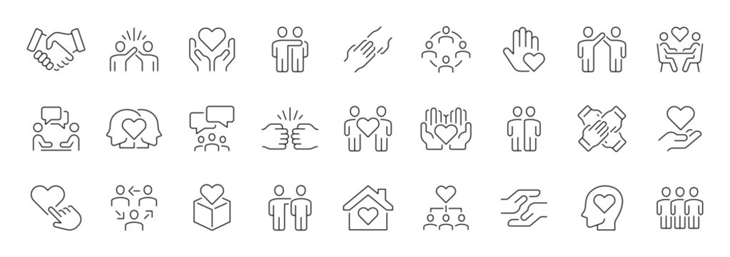 Friendship and love thin line icons set. Care, support, charity editable stroke icon. Vector