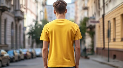 Fototapeta premium flat yellow t-shirt mockup, back view of an attractive young man with a slim body