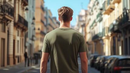 Fototapeta premium flat green army t-shirt mockup, back view of an attractive young man with a slim body