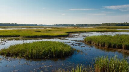 Scenic Wetlands With Grassy Marshes and Reflective Water Under a Clear Sky  
