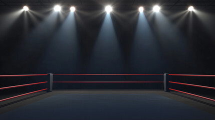 Wrestling ring under bright spotlights, showcasing intense athletic competition and dramatic storytelling in a high-energy sports entertainment setting
