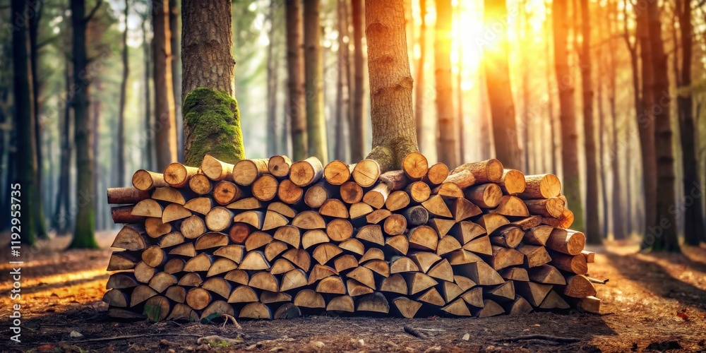 Aufkleber a neatly stacked pile of firewood rests at the base of trees in a sun-dappled forest.