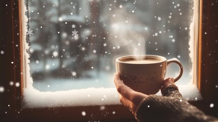 Cozy Coffee Cup in Winter Window Scene