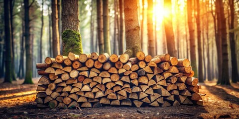 A neatly stacked pile of firewood rests at the base of trees in a sun-dappled forest.