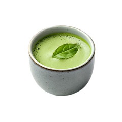 Frothy Ceremonial Matcha Tea Drink in Ceramic Cup with Green Leaf