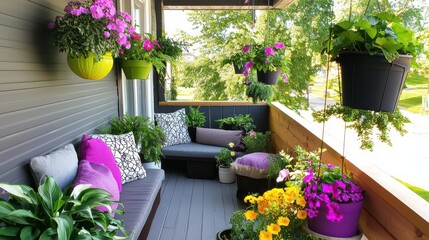 Fototapeta premium A small urban balcony garden with potted plants, hanging flowers, and cozy seating.
