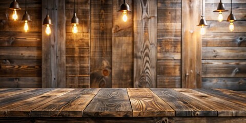 Obraz premium Rustic Wooden Tabletop with Warm Lighting and Wooden Background Ideal for Product Displays or Mockups