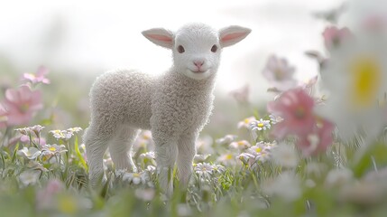 Obraz premium Adorable lamb standing in a field of wildflowers.