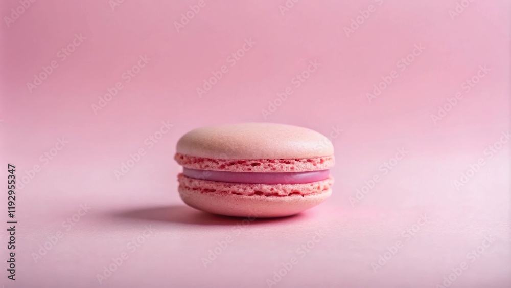 Poster a single pink macaron rests on a pale pink background, showcasing its delicate layers and smooth tex
