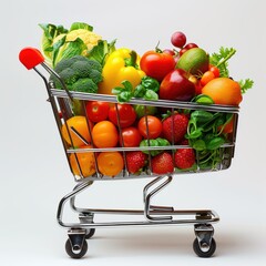 Vibrant Shopping Cart Filled with Fresh Vegetables and Fruits Ideal for Grocery Store Promotions