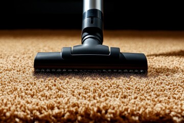 Vacuuming a plush carpet reveals dust and dirt in a sunlit room during afternoon cleaning
