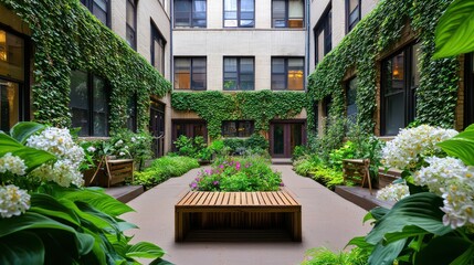 Fototapeta premium An urban garden courtyard with ivy-covered walls, flowering plants, and a central wooden bench.