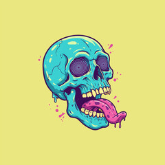 A vibrant illustration of a melting skull with a long pink tongue and psychedelic spiral eyes against a pale yellow background.