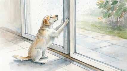 Sweet dog gazing out the glass door with a longing expression