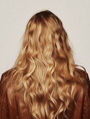 Naklejka premium Long wavy blonde hair cascading down a woman's back wearing a brown leather jacket in a neutral background
