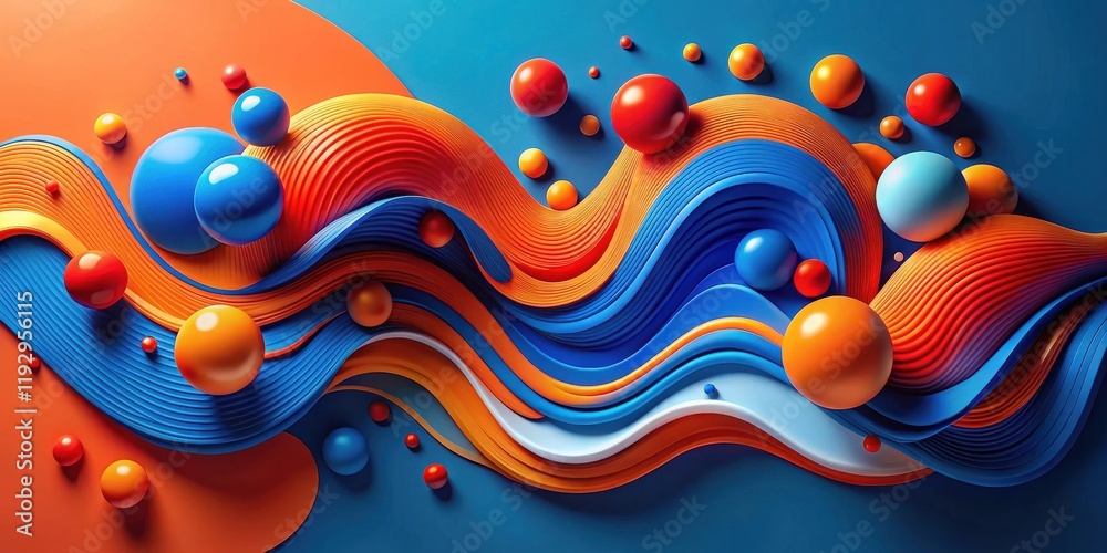Poster abstract colorful swirling waves with spheres of varying sizes and vibrant hues