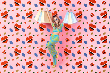 Full body photo of pretty young girl hold sales commercial shopping wear trendy green print outfit isolated on pink color background