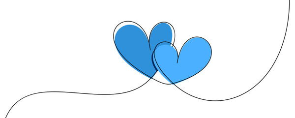 Vector illustration of two overlapping blue hearts outlined in black, connected by a flowing elegant line, symbolizing love and unity.