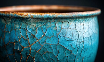 Cracked blue ceramic pot detail