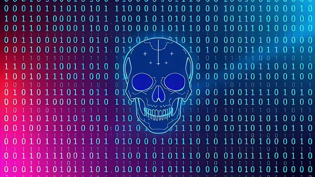 A digital skull design overlaid on a binary code background, symbolizing technology and data.
