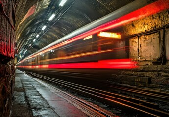 Fototapeta premium Blurred Motion of a Train in a Dark Tunnel with Bright Lights and Reflections, Capturing Urban Transit Energy and Speed in a Metro Environment