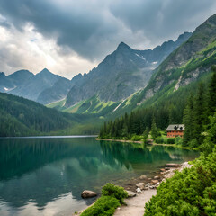 Fototapeta premium Morskie Oko, a stunning lake in the Tatra Mountains, surrounded by towering