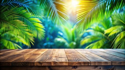 Wooden Tabletop Against a Lush Tropical Backdrop of Palm Fronds and Sunlight