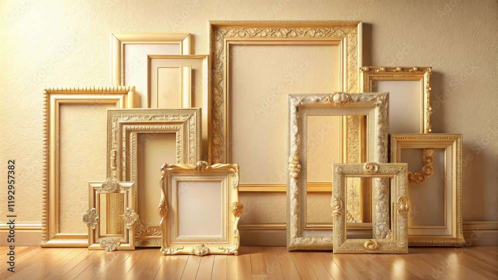 Poster a collection of ornate gold picture frames of varying sizes and styles lean against a wall