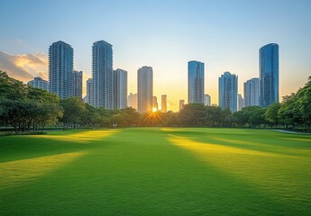 Obraz premium Breathtaking Sunset Over Urban Skyline with Green Lawn and Modern Architecture, Showcasing Nature and City Life in Perfect Harmony