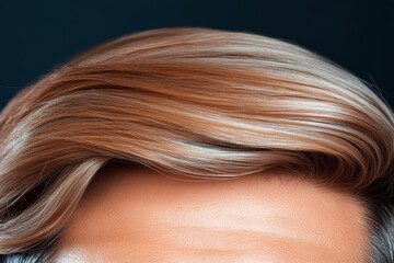 Fototapeta premium Detailed close-up of a well-styled hair with smooth layers and highlights in a professional setting against a dark background