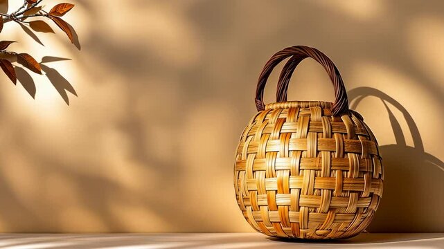 Woven basket rests on a table, illuminated by soft natural light, creating beautiful shadows from nearby plants in a serene setting